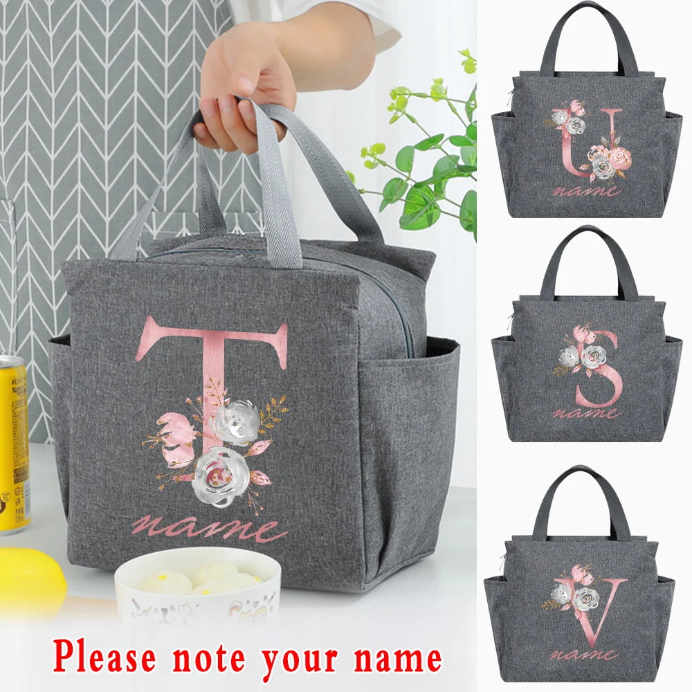 Custom Name Pink Letter Lunch Bag Insulated Thermal Canvas Handbag Picnic Unisex Travel Lunch Box Portable Food Tote Bags