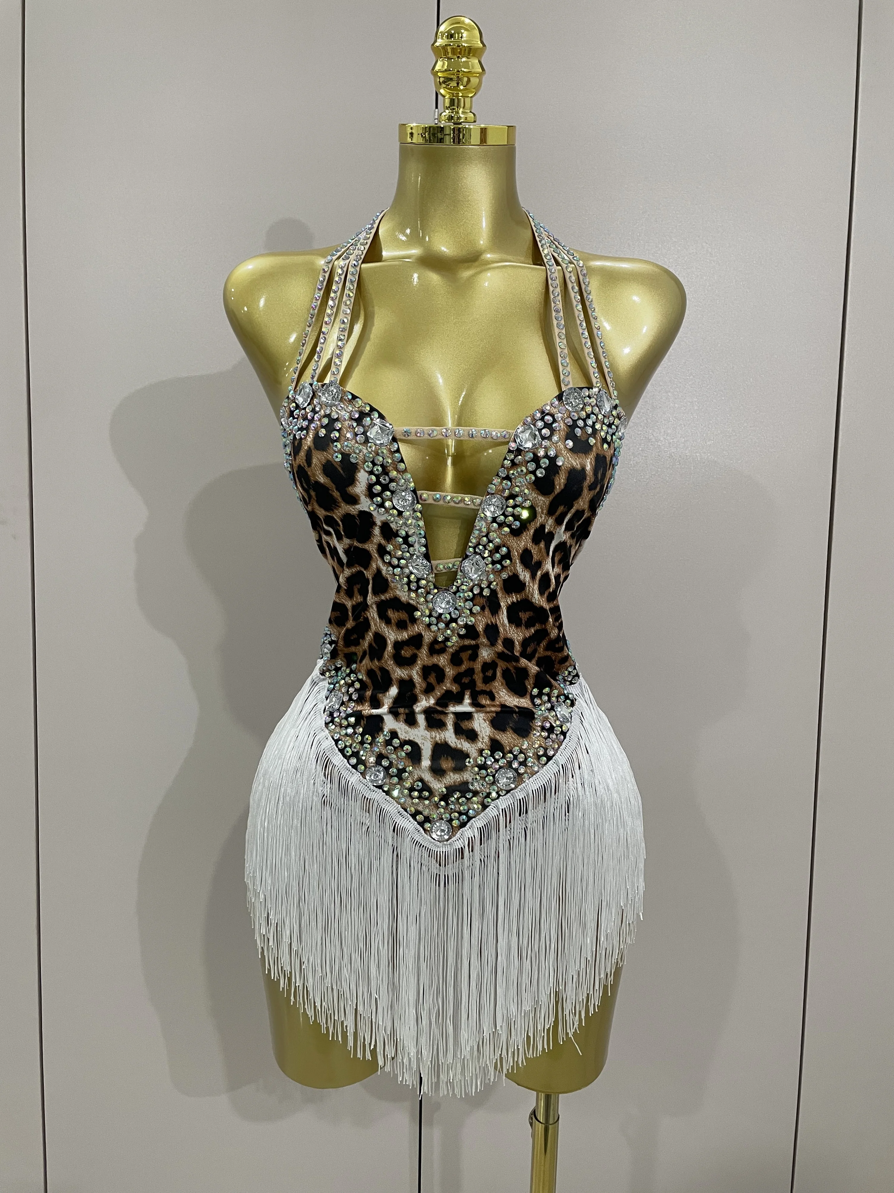 780267-bfbbfb.jpg 2025 New Sexy Sparkly Rhinestones Leopard Print Tassel Bodysuit Women Evening Party Birthday Nightclub Performance Stage Costume - Image 1