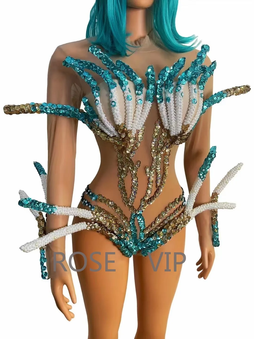 

2024 Latest Model Diamond Explosion Sparkling Pearl Headwear DJ Events Party Short Dress Stage Costume Singer Costume Bikini Set