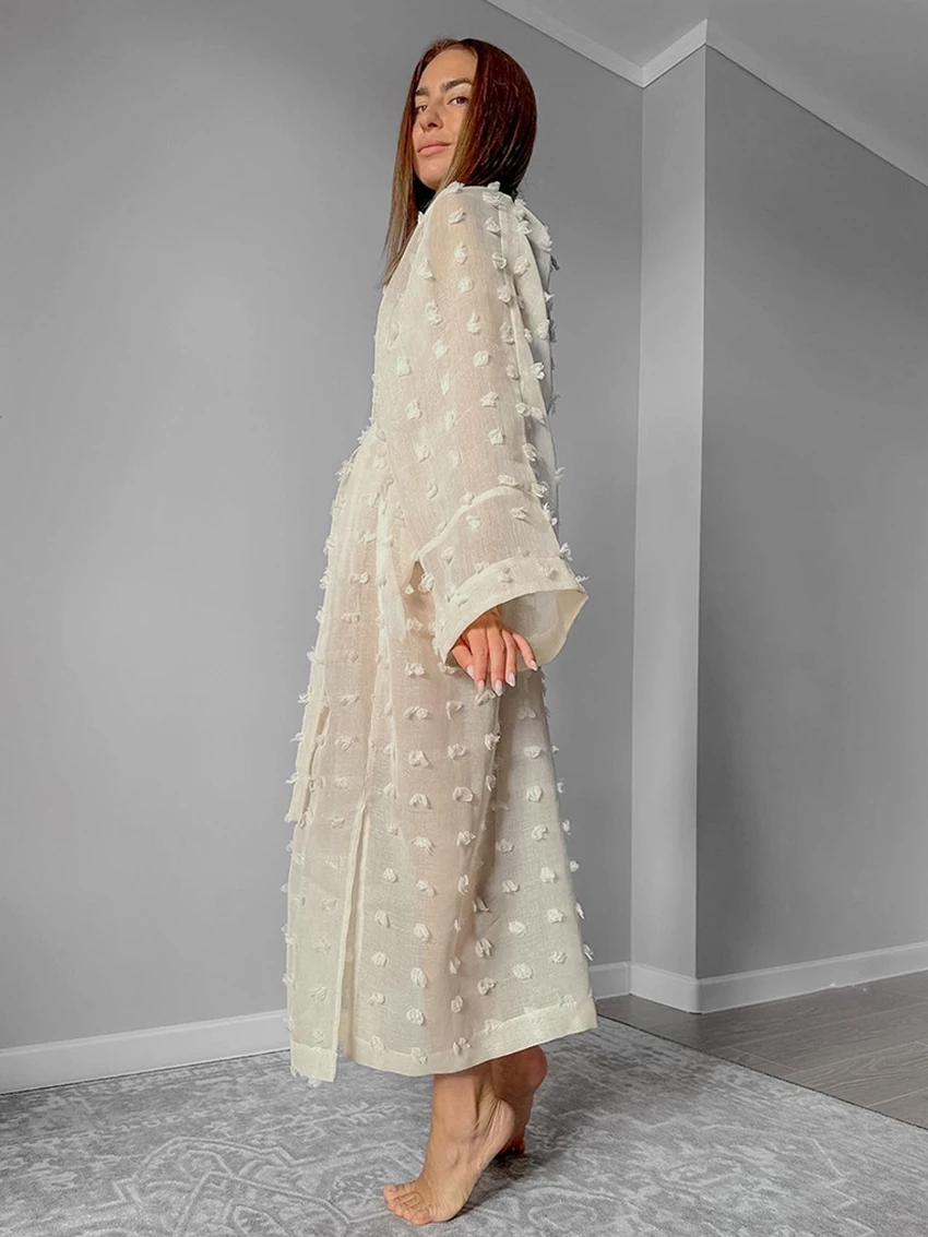 Marthaqiqi Fashion Mesh Femme Robe Sexy V-Neck Pajama Long Sleeve Nightie Lace Up Bathrobe Ankle-Length Dress Home Clothes Women