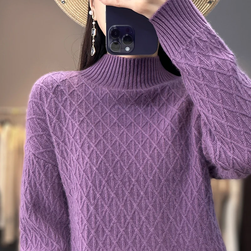 

New Cashmere Sweater In Autumn And Winter 100% Pure Wool Women's Semi-high-necked Knitted Pullover Jacquard Weave Fashion Top