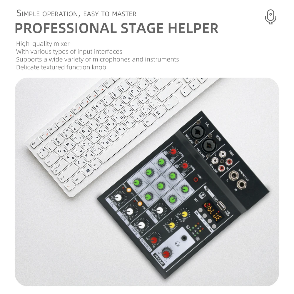 Mic 2U Portable 4 Channel Table Mixer MP3 playback BT console audio mixer Built-in reverb effect 3-band EQ DC 5V power supply