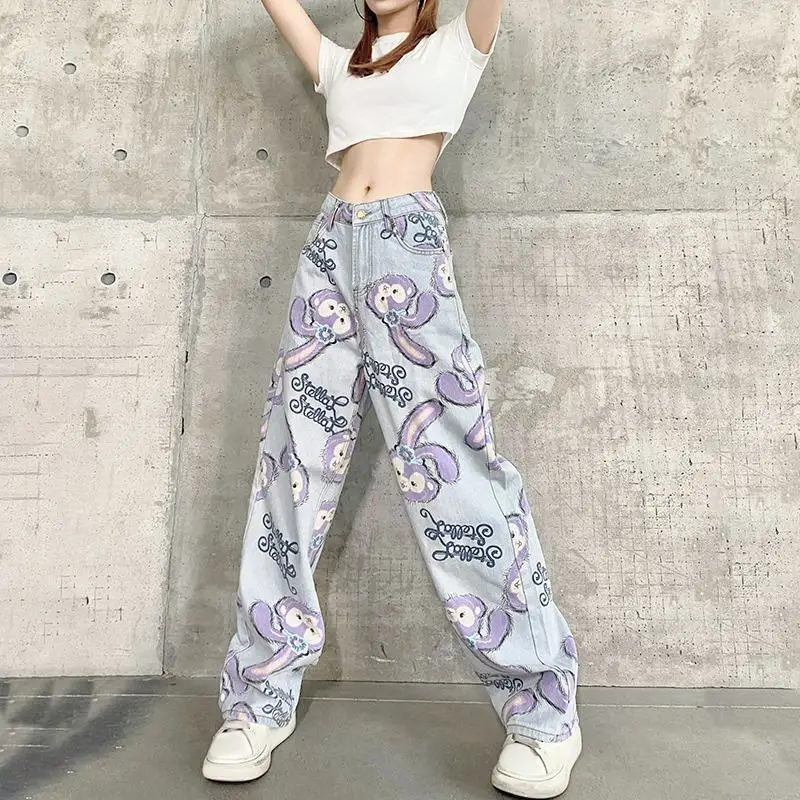 Personality Cartoon Women Jeans New Autumn And Winter Fashion Loose High Waist Jeans Street Clothes Printed Straight Leg Pants