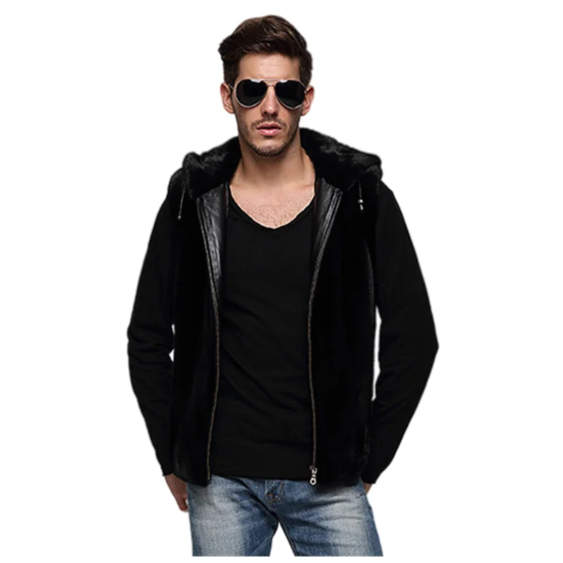 Men Winter Natural Mink Fur Jacket Hooded Black Real Fur Coat Men Plus Size Whole Mink Coat Genuine Fur Parka