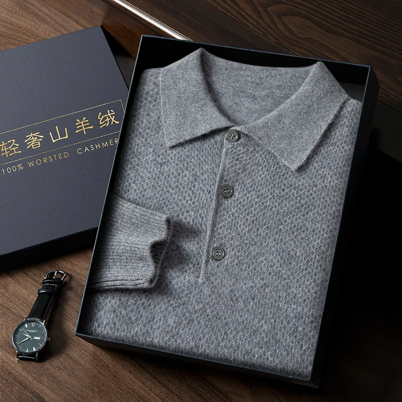 MVLYFLRT 100% Pure Cashmere Men's POLO Collar Sweater Honeycomb Knit Pullover 2023 Autumn and Winter Casual Men's Shirt Jacket 3