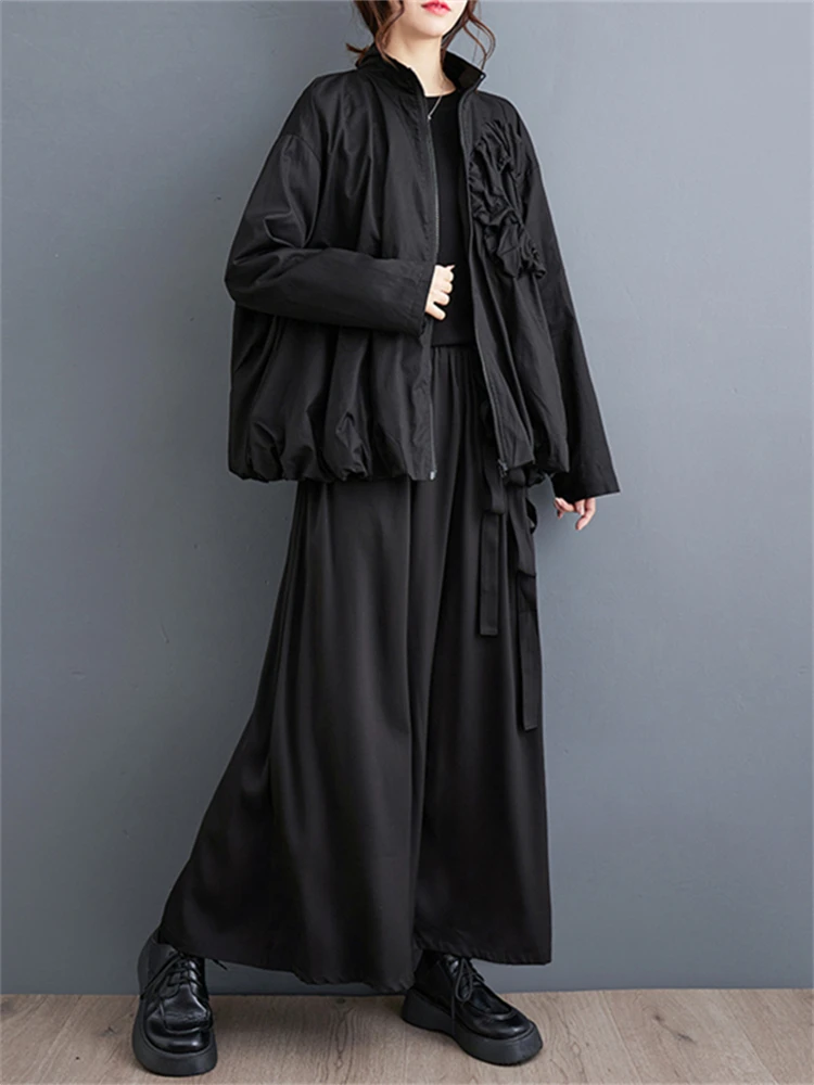 2025 Spring Autumn Women's Black Solid Color Jacket Casual Loose All Match Double-layer Oversize Fashion Standing Collar Coat