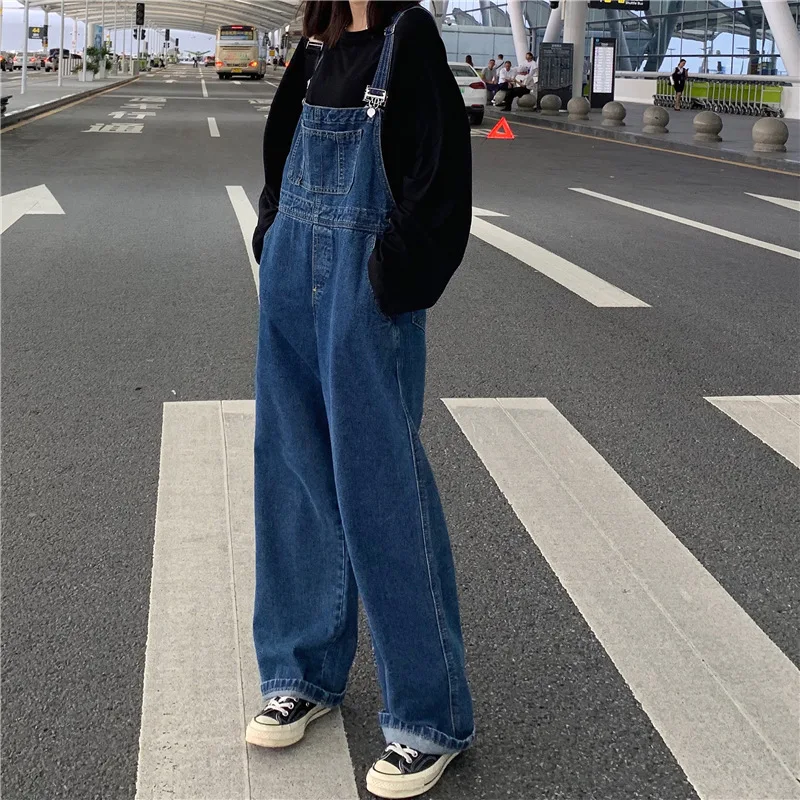 

Retro Easy Matching Large Loose Pockets Student Denim Suspender Pants Women High Waist Pants Jumpsuits Tide Pockets Coverall