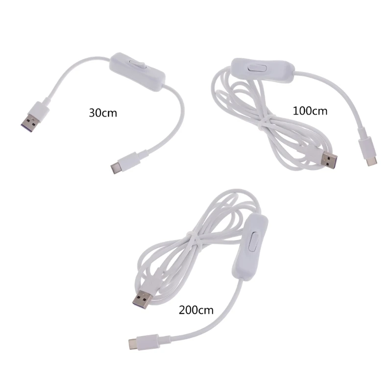 Type-C to USB Data Cable with Power Switch - Quick Charging & Data Sync, White, Multiple Lengths