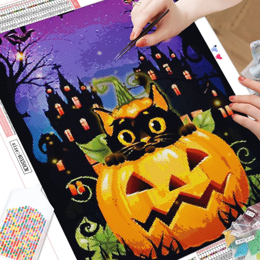 HUACAN-Cuadro de gato con diamantes de imitación, bordado cuadrado completo  de calabaza, mosaico de Halloween, regalo hecho a mano - AliExpress