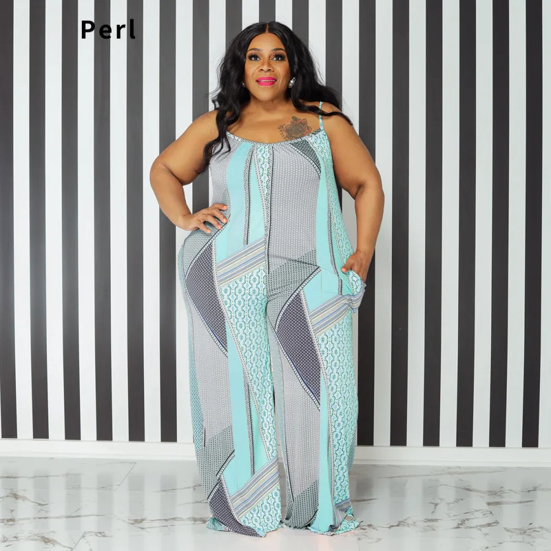 Tanie Perl Suspender Print Loose Casual Plus Size Women's Jumpsuit  Sexy Two