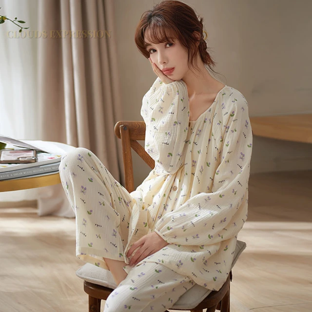 Primavera outono floral elegante feminino conjuntos de pijama menina em  torno do pescoço crepe pijamas impressão loungewear pijamas mujer -  AliExpress