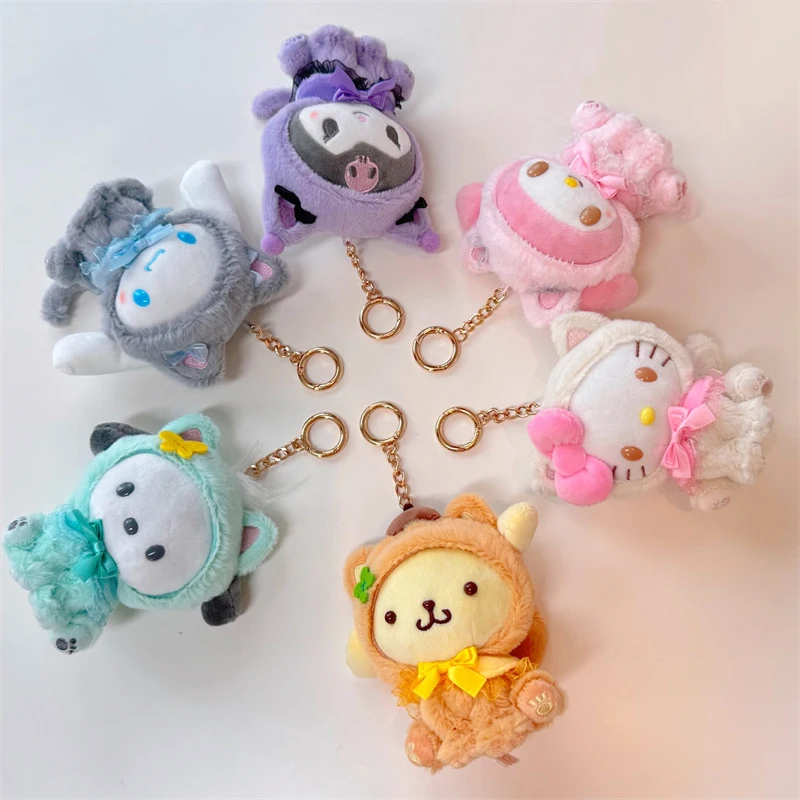 10CM Cartoon Sanrio Plush Keychain Become A Cat Plush Keychain Cinnamoroll Sanrio Anime Kawaii Doll Juguetes Para Ni&ntilde;as plush keychain key chain