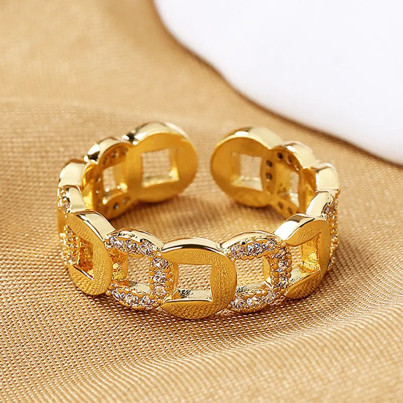 

S925 Sterling Silver Ring Gold Hollow Round AAA Zircon Open Ring For Women Fashion Wedding Anniversary Gift Jewelry