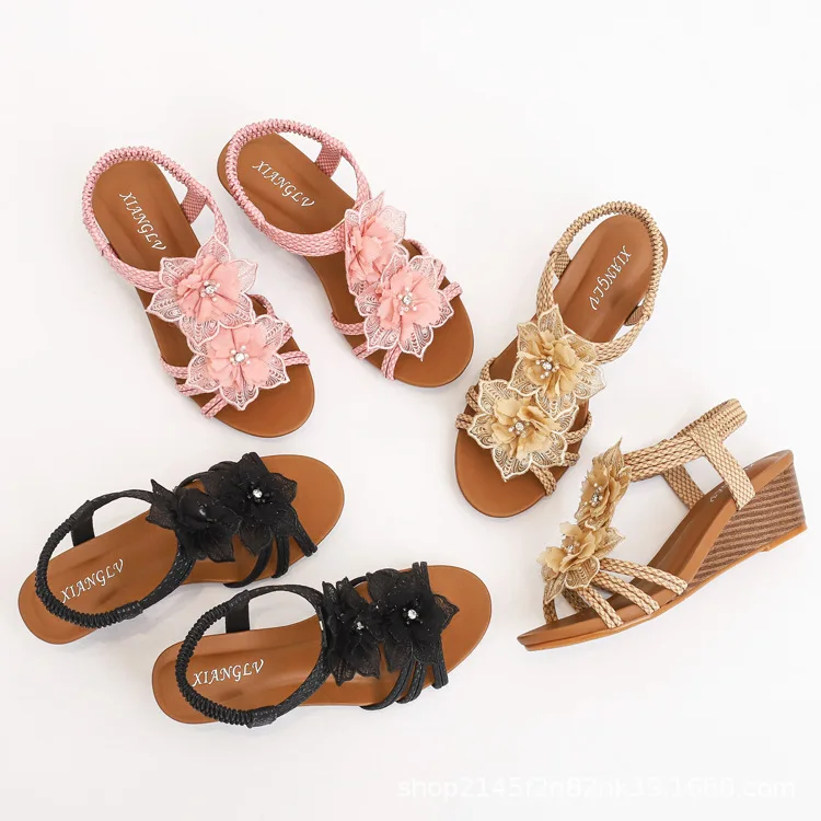 Women's Fashion Summer Retro Flower Sandals Large Size Beach Shoes