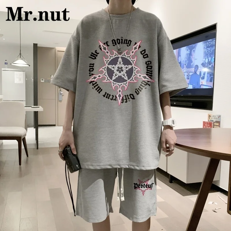 Mr.nut 유니섹스 운동복 투피스 세트, 루즈 의류, 반팔, 반바지, 세트 여름, 맞춤형 의류, 스트리트웨어, 패션