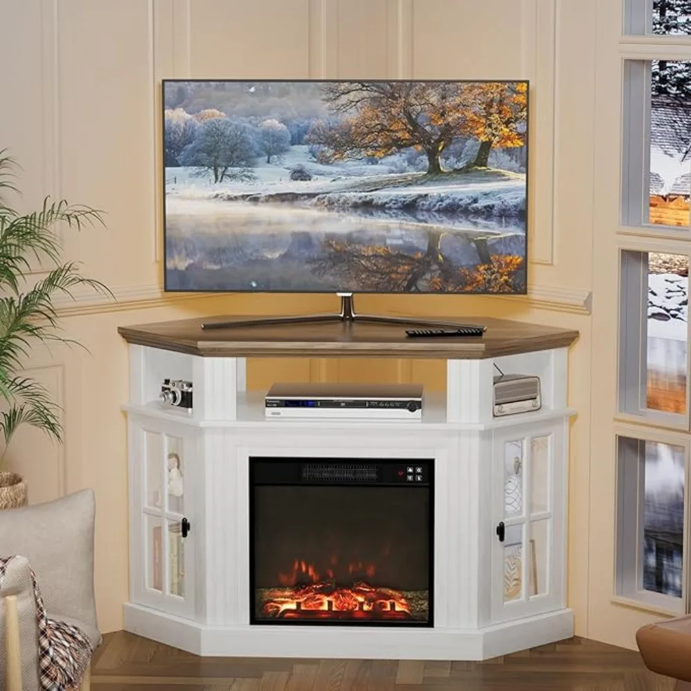 Fireplace Corner TV Stand, Entertainment Center with 18" Fireplace, TV Console Table with Glass Door Storage Cabinet (White) 4