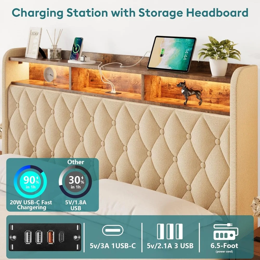 Bed Frame with Storage - Lift Up Bed Frame with Headboard, Upholstered Platform Bed with LED Lights & Charging Station 4