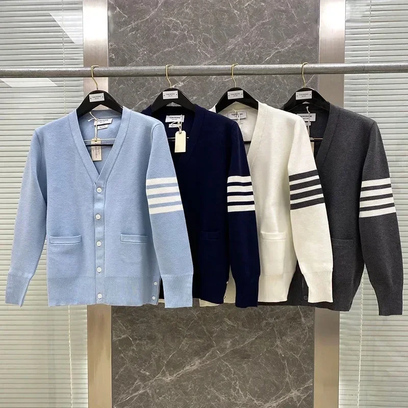 2023 스트라이프 TB 암밴드 V넥 코튼 가디건, 여성 스웨터, 5 버튼 캐주얼 코트, 가을 겨울, 신상 패션
