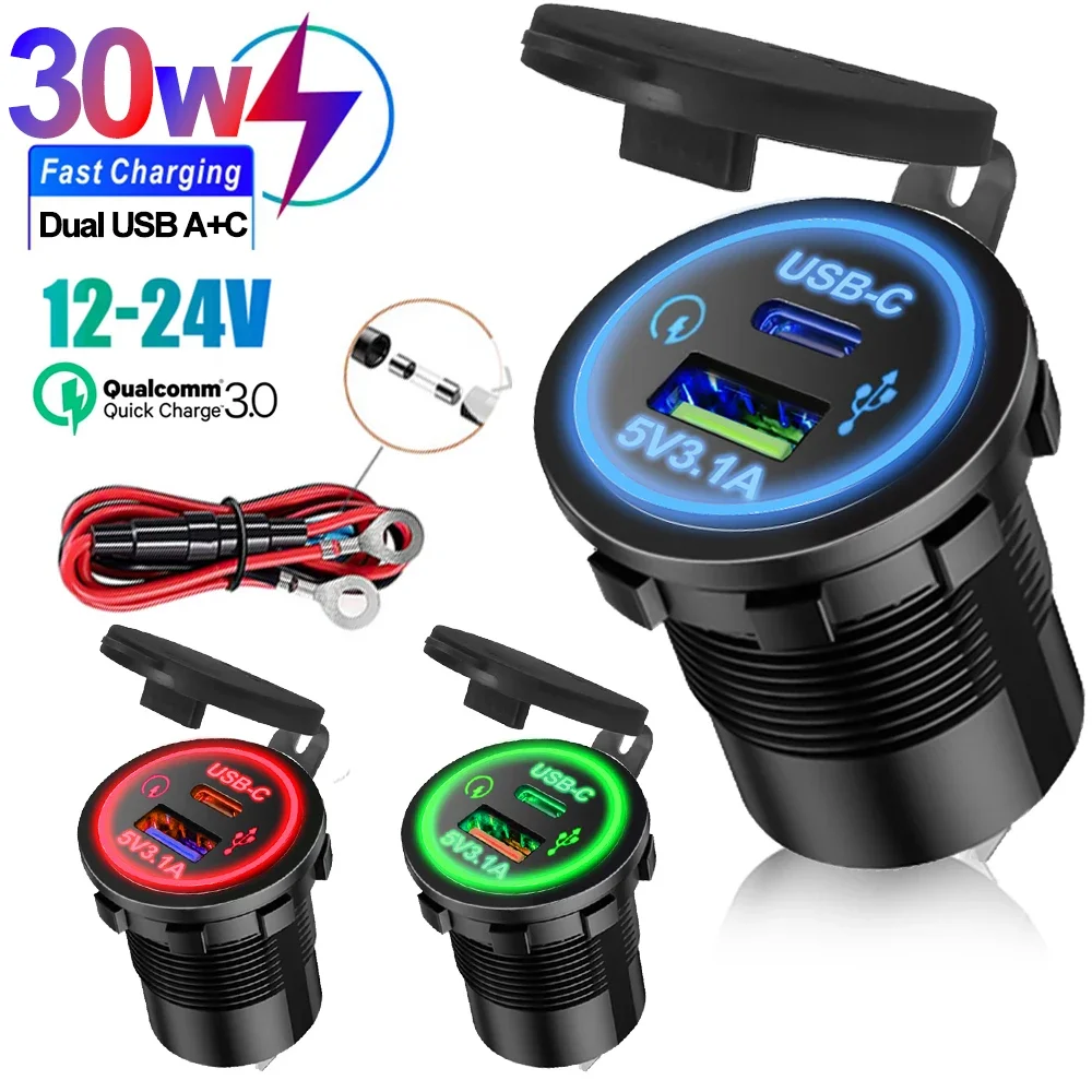 듀얼 USB 고속 충전 유형-c USB-C 소켓 12V ~ 5V 12-24V 충전기 자동차 오토바이 듀얼 커넥터 충전기 어댑터 콘센트 전원