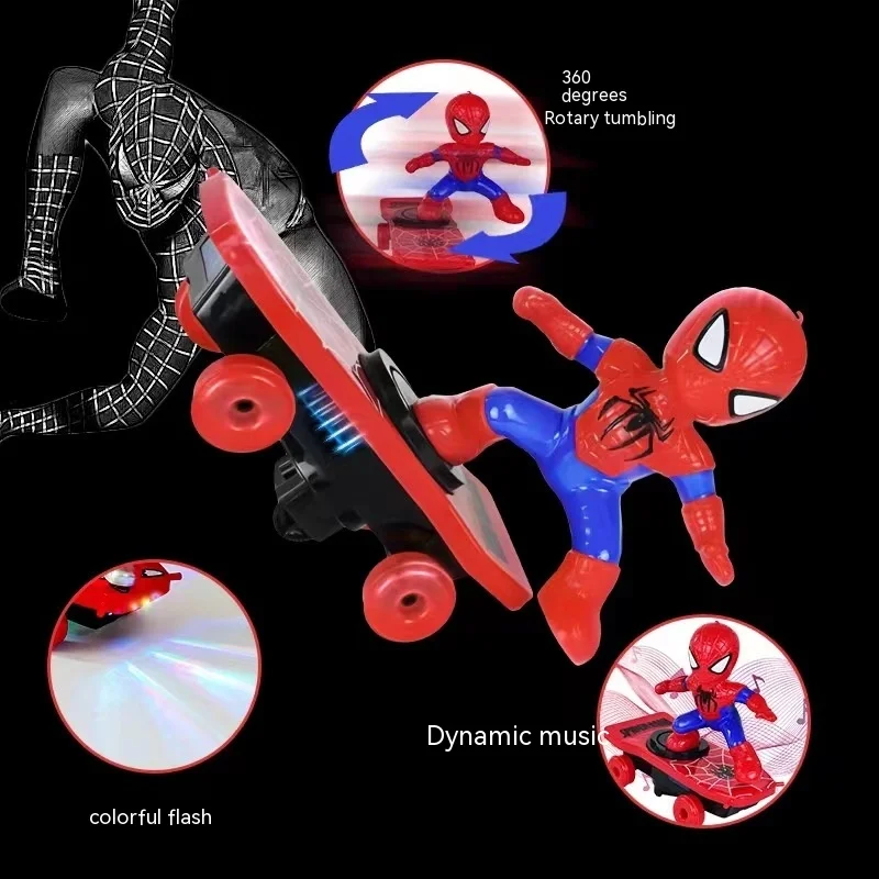 

Marvel Spiderman Automatic Flip Rotation Skateboard Acousto-optic Car Electric Music Toy Stunt Scooters Christmas Gift Children