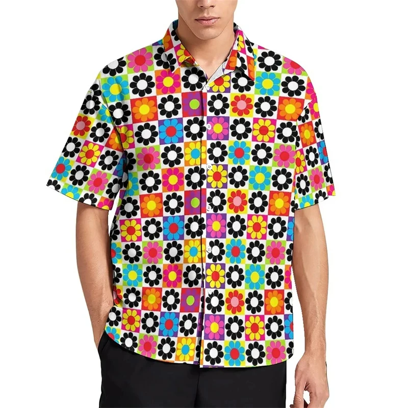 thumbnail image 1 of Blusas estampadas con flores coloridas y estampado completo para hombres, ropa para vacaciones en la playa, camisetas de manga corta con estampado floral brillante en 3D, 1 of 5