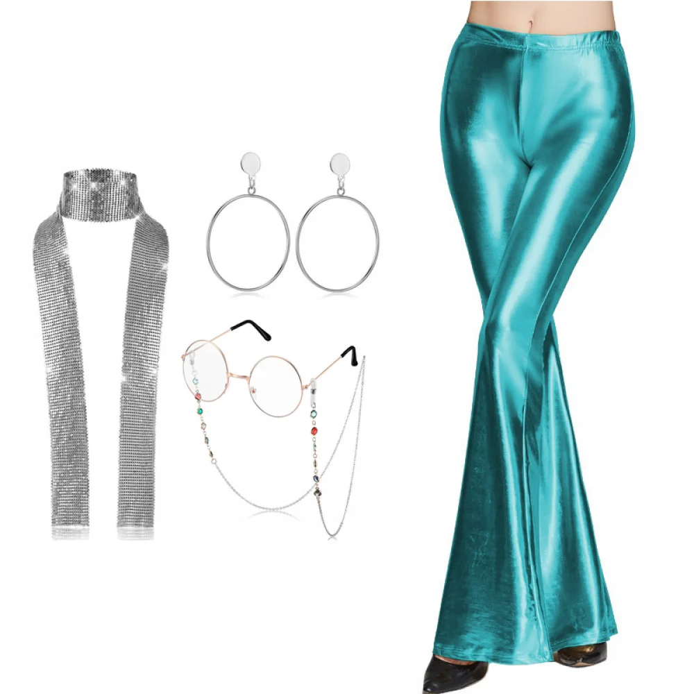 thumbnail image 1 of Pantalones anchos estilo discoteca de los años 70, 4 piezas, metalizados, dorados, con joyas estilo discoteca, para mujer, estilo hippie, discoteca de los años 70, pantalones acampanados para fiesta d, 1 of 5