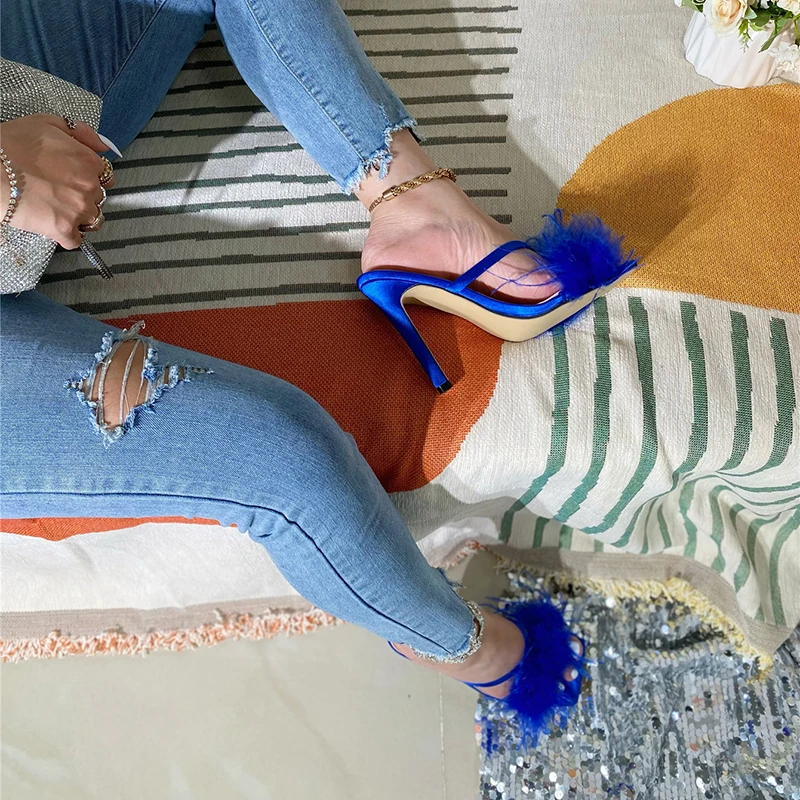 Kcenid Fashion Feather Summer Women Slippers Square Toe Mules Wedding Party Banquet Thin High Heels Sandals Sexy Slides Women