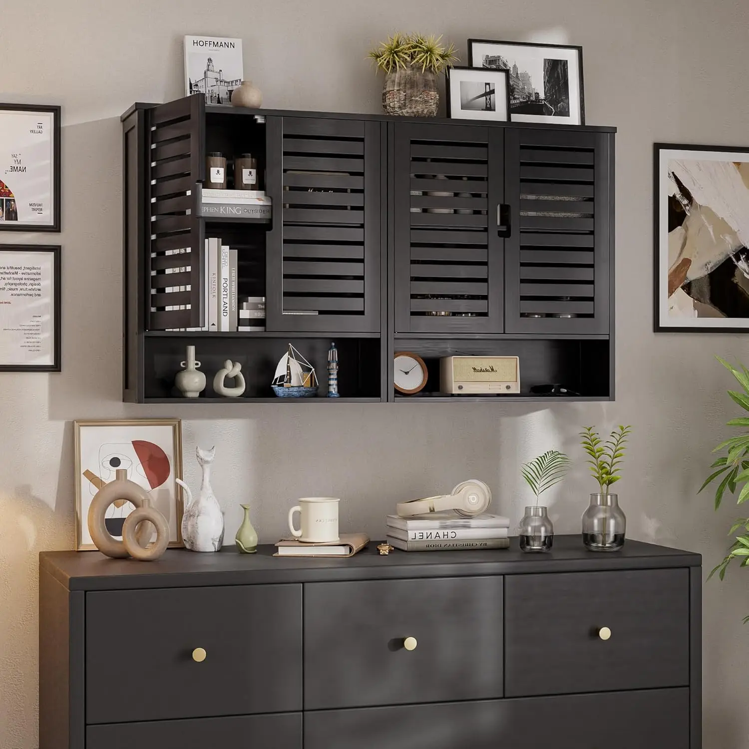 خزانة أدوية معلقة، خيزران أسود، رف قابل للتعديل