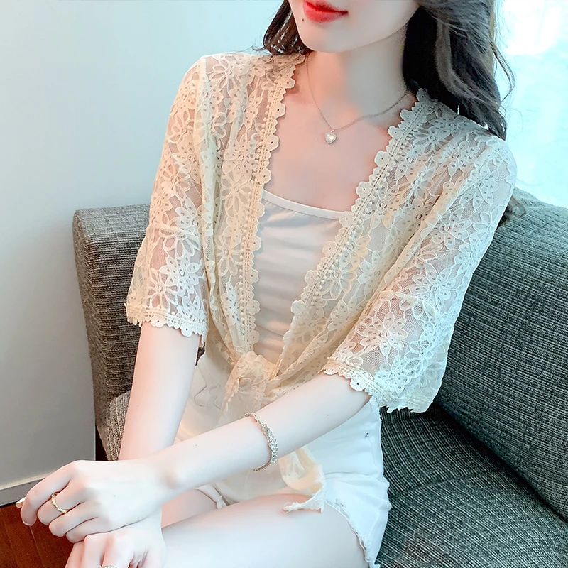 3511 블랙 화이트 베이지 랩 레이스 기모노 재킷, 얇은 레이스 자외선 차단 코트, 여성용 반팔 가디건, 겉옷 시스루