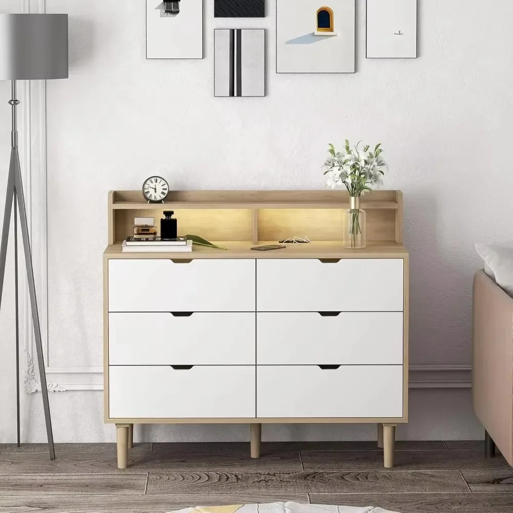 6 Drawer Dresser with Charging Station, Wooden Chest of Drawers with LED Light for Closet Hallway, Living Room, Entry 4
