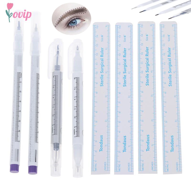 

2pcs Double Single Head Surgical Skin Marker For Eyebrow Skin Marker Pen Tattoo Skin Marker Measure Measuring Ruler Set Tool