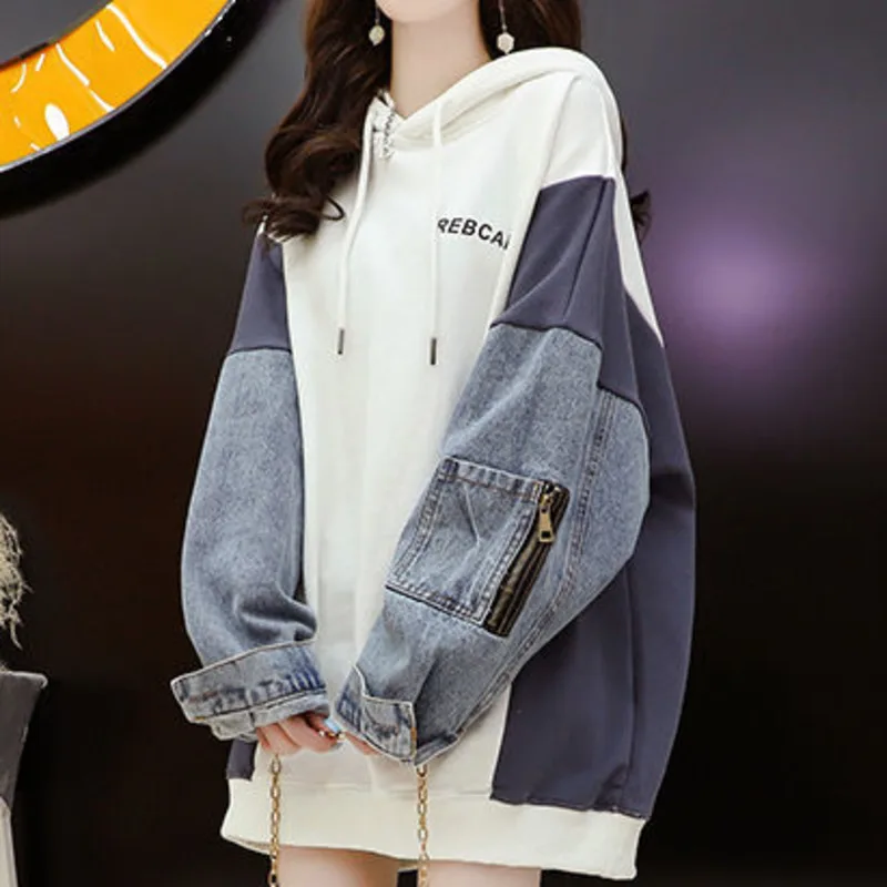 

Sweatshirt Vintage Women Hoodies Patchwork Pullovers Casual Streetwear Girls Letter Print Hooded Denim Splicing Tops Spring Fall
