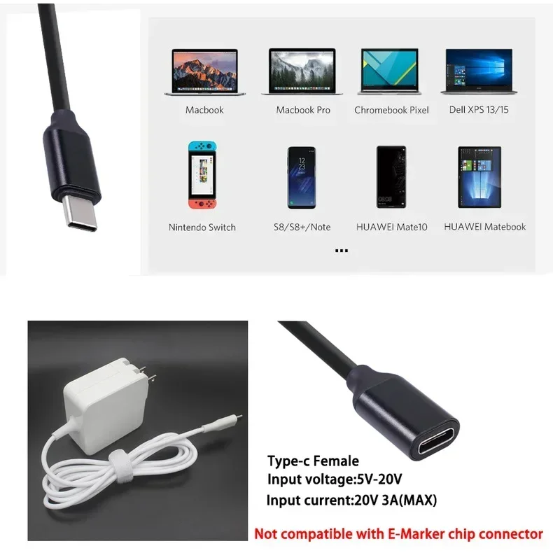 유형-c 남성-여성 연장 케이블 1M 3A 60W Usb C 유형-c 남성-여성 연장 케이블 연장 와이어 커넥터