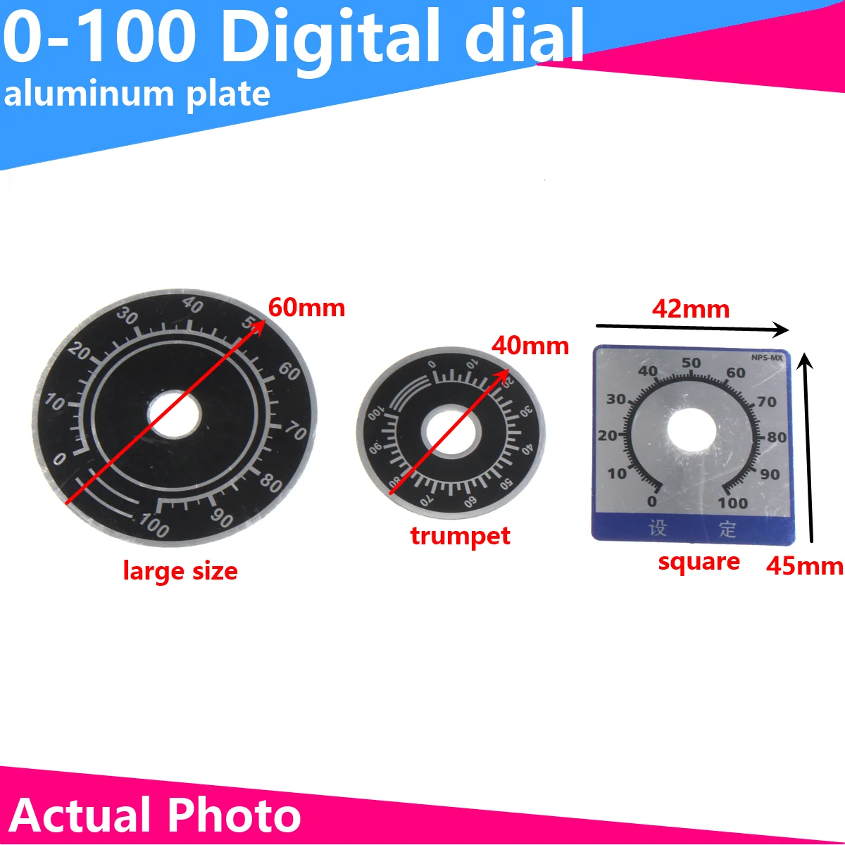 5/2PCS Dual Color Potentiometer 0-100 digital dial dial plate Aluminum label A03 knob cap WTH118 RV24 WX050