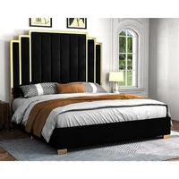 King Size Platform Bed Frame, 65" Velvet Upholstered Bed with Gold Trim Headboard/Wooden Slats/No Box Spring Needed/Black 1