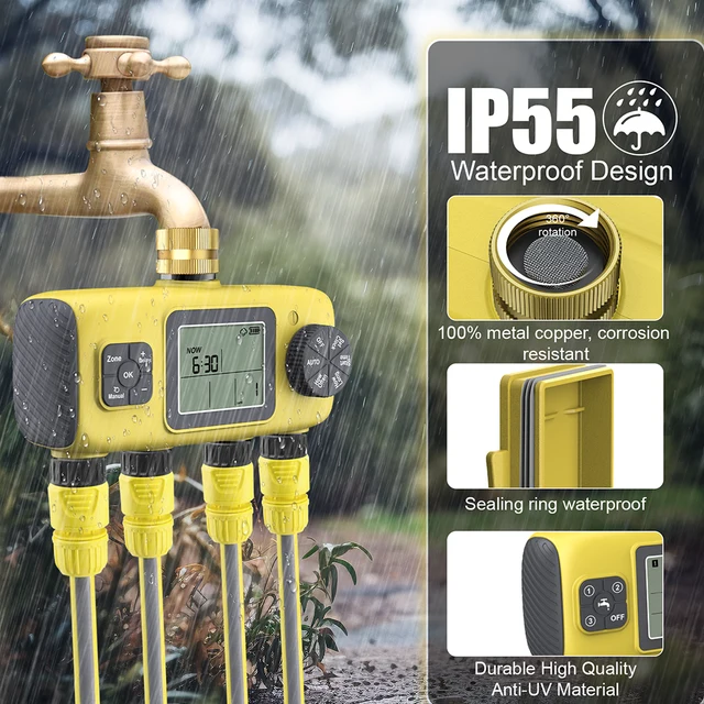 Digital Water Timer 4-Outlet Garden Irrigation Timer Rainwater Sensing Irrigation Watering System Precision Timing Controller 5