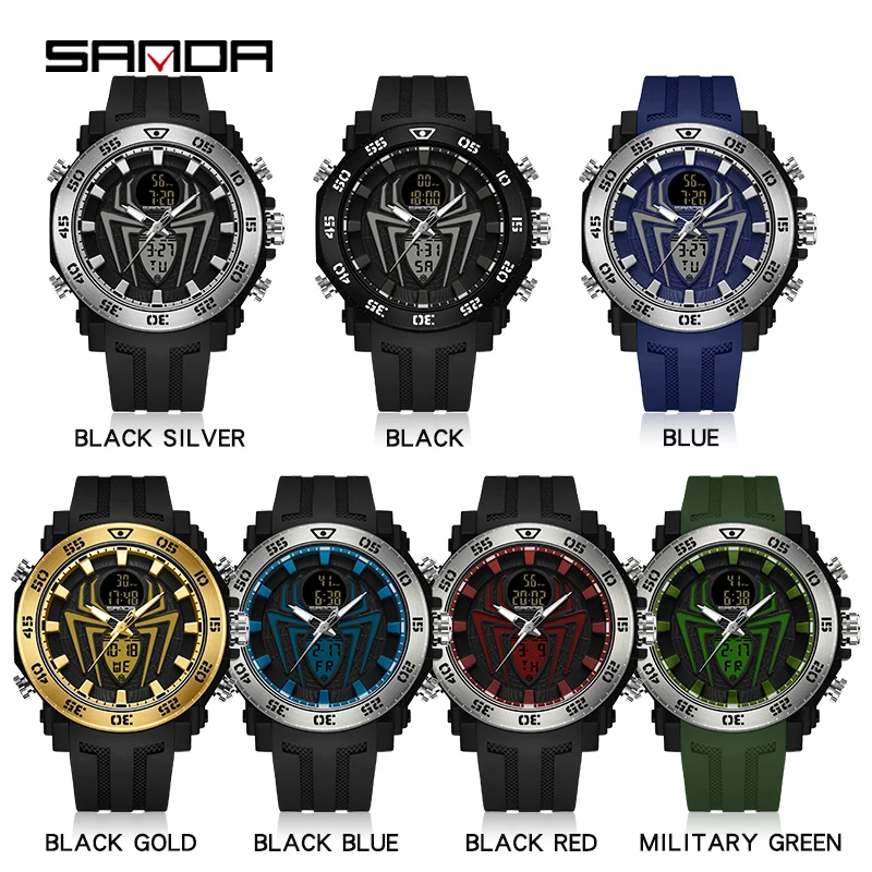 SANDA Men Military Watches Big Spider Dial Sport Watch LED Digital Waterproof Watch Men Multifunction Dual Display Clock Relogio 3