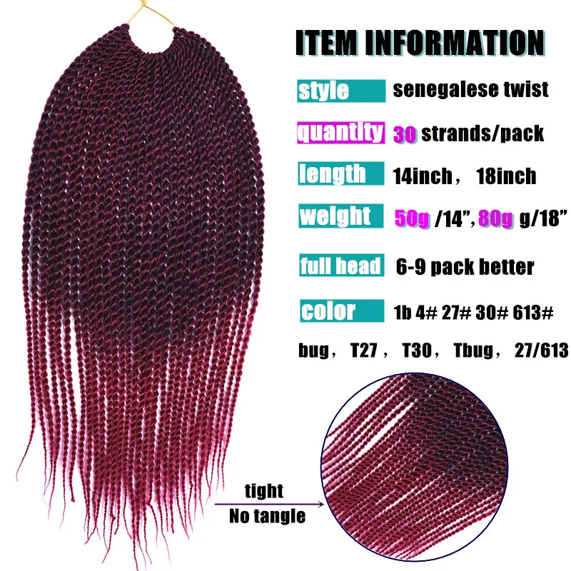 Synthetic hair Senegalese Twist Crochet Hair 14" 18" 30Roots 75g Crochet Braids Black Ombre Brown Bug Blonde Color Full Star