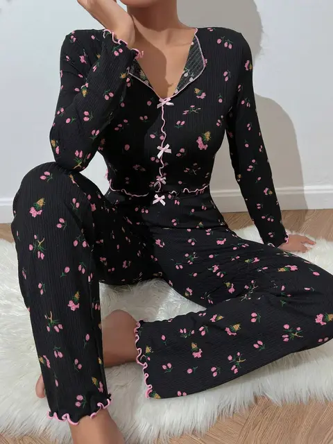 Y2K Cute Floral Ribbed Pajama Set Womens Long Sleeve V Neck Two Piece Sleepwear Homewear Autumn Winter Bow Lettuce Trim New Hot