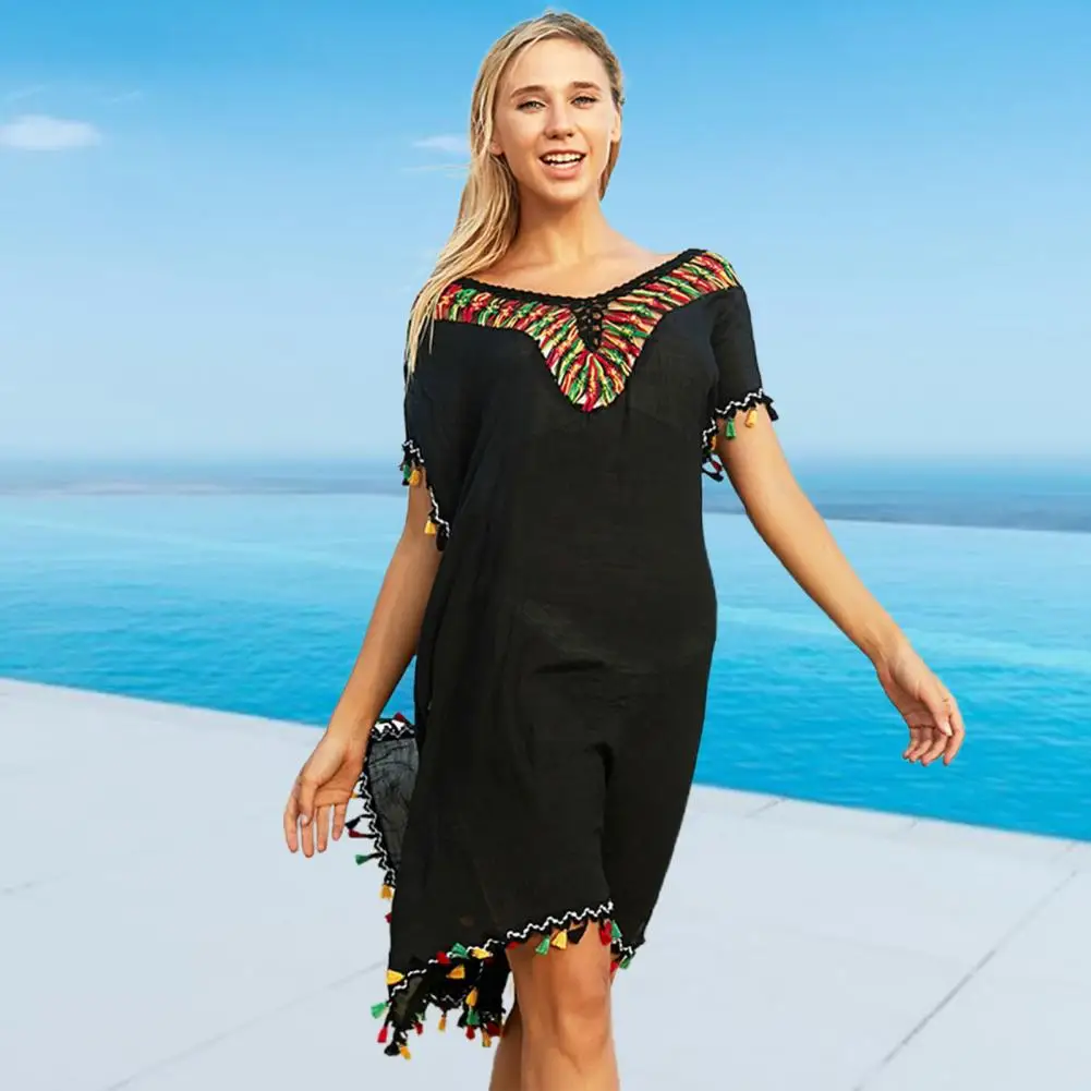 

Bikini Cover-up Tassel Color Matching Short Sleeves Loose Above Knee Length Sunscreen V Neck Batwing Sleeve Women Beach Dress Fe