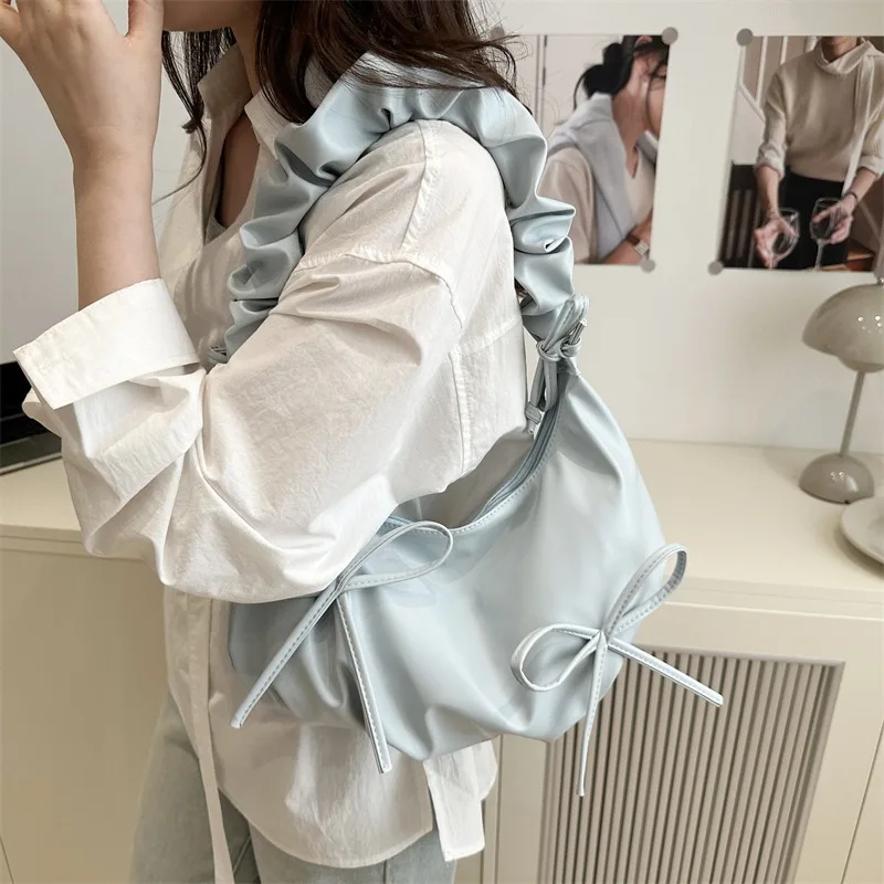 Girls Sweet Pleated Bow Shoulder Hobo Bags Elegant Office Lady Cloud Underarm Bag Women Y2k Aesthetic Handbags