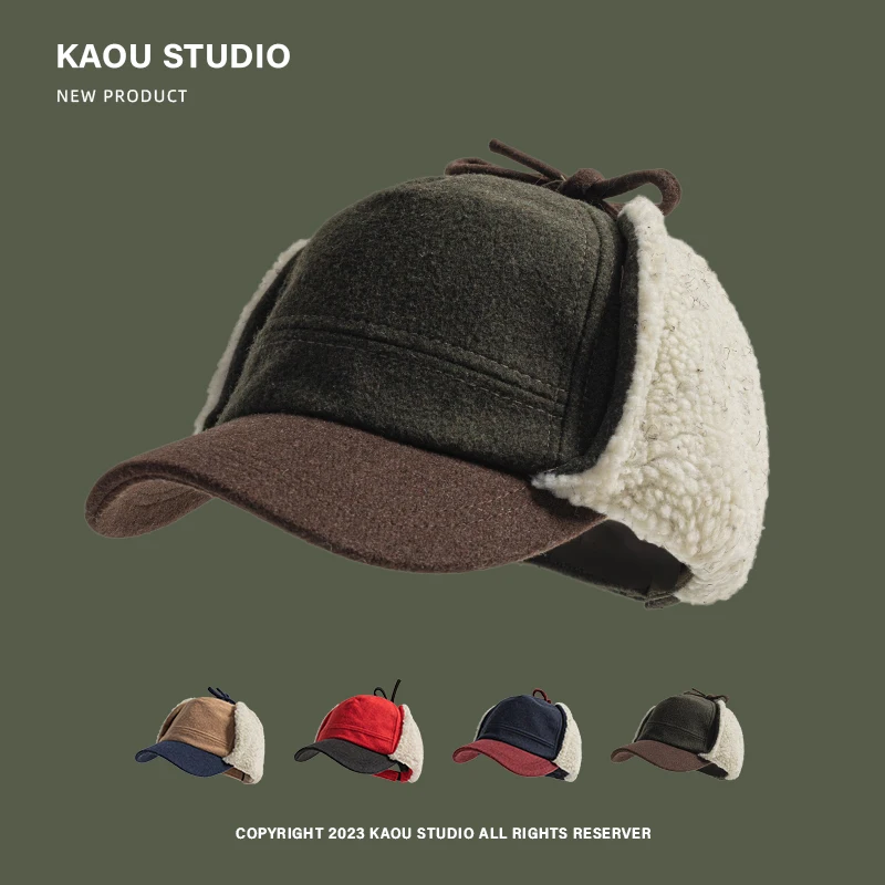 Winter Knitted Earflap Hat Retro Woolen Color Matching Bomber Hat for Men and Women Street Japanese Trend Peaked Cap Plush Thermal Ear Protection Baseball Cap