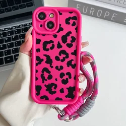 Elegant Leopard Print Lanyard Case with Wrist Chain and Hand Strap Cover - iPhone 13 (J15 - Rose - SS)