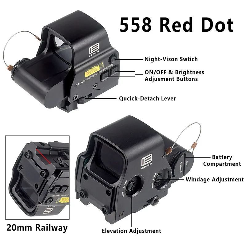 Eotech Holographic Collimator 558 Red Dot Sight G43/G33/G45 3X 5X Magnifier Airsoft Hunting Gear w/ 20mm Rail Mounts & QD Lever 2