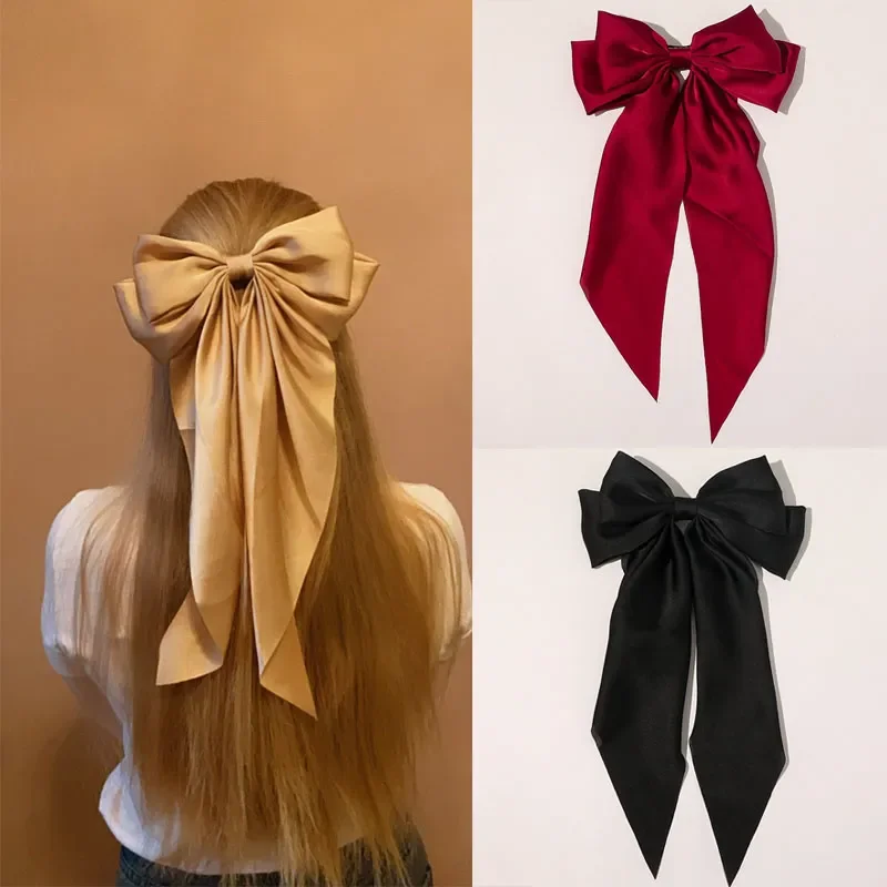 Elegant Bow Long Ribbon Hair Clip Simple Solid Satin Spring Clip Fashion HairPin Retro Headband with Clips Girls Hair Accessorie