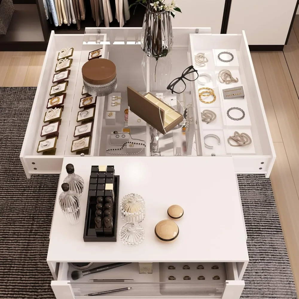 Display Cabinet Island with Glass Top and Front, Walk in Closet Organizer with 7 Drawers and 2-Tier Shelf, Shop Display Case 3