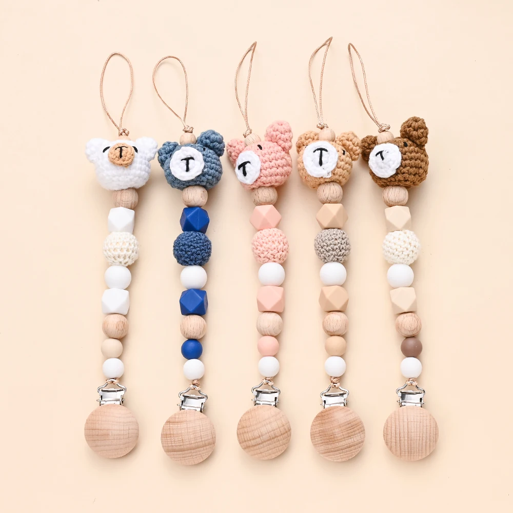 2Pcs Baby Nipple Chain Care Toy Baby Beech Wood Pacifier Clip  Cartoon Animal Felt Ball Beaded Dummy Holder Chain For Anti-drop 4