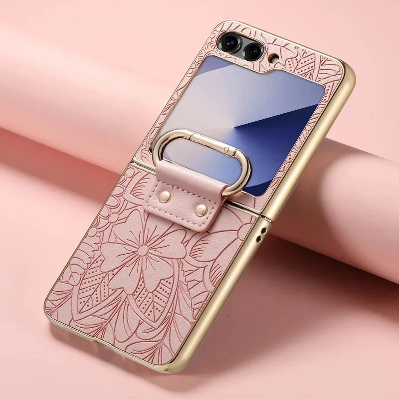 Leather Embossed Flower Phone Case with Ring Buckle and Electroplated Shockproof Design