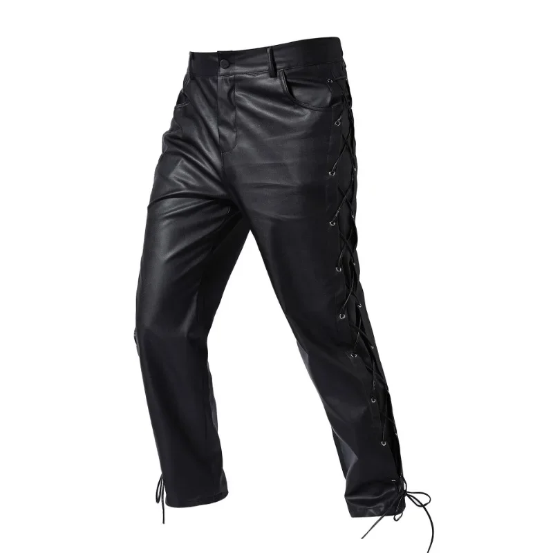Trendy, Casual, Handsome, Personalized, Fashionable, Solid Color, Versatile Casual Men's Leather Pants