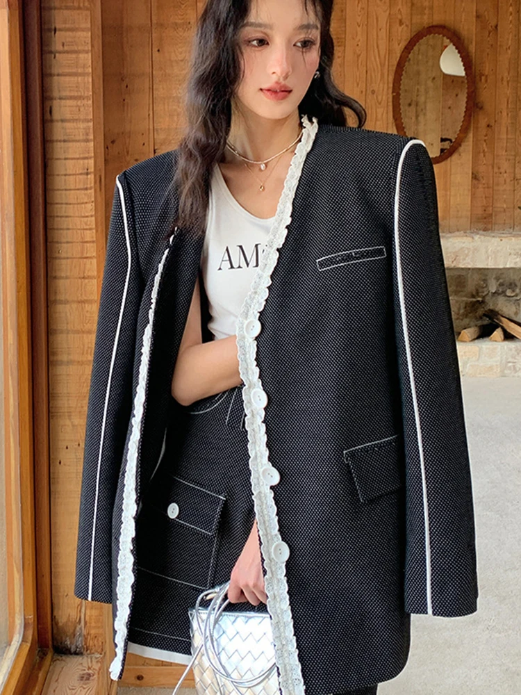 BZVW Elegant Blazer Women V-neck Single Breasted Contrast Color Open Wire Office Lady Coat Versatile 2024 New Clothing 25X4052